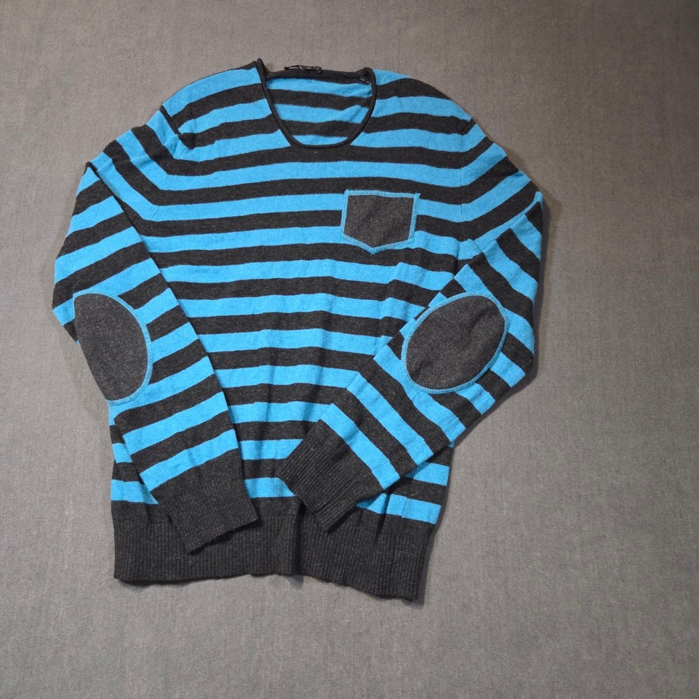 Brian Dales Striped Sweater Mens L Blue Grey Elbow Patches Cashmere Blend Italy